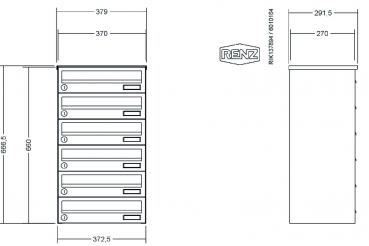 RENZ Briefkastenanlage Aufputz Basic B, Kastenformat 370x110x270mm, 6-teilig